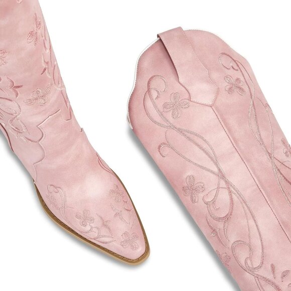 Women's Vintage Gentle Pink Floral Embroidered Classic Chunky Heel Tall Boot - Picture 3 of 6